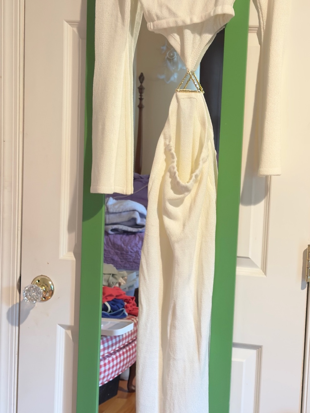 Meshki Cream Knit Long-Sleeve Dress with Side Cutout and Gold Accent